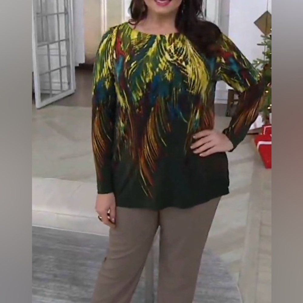 Susan Graver Dark Green Long Sleeve Top with Multicolor Feather Print